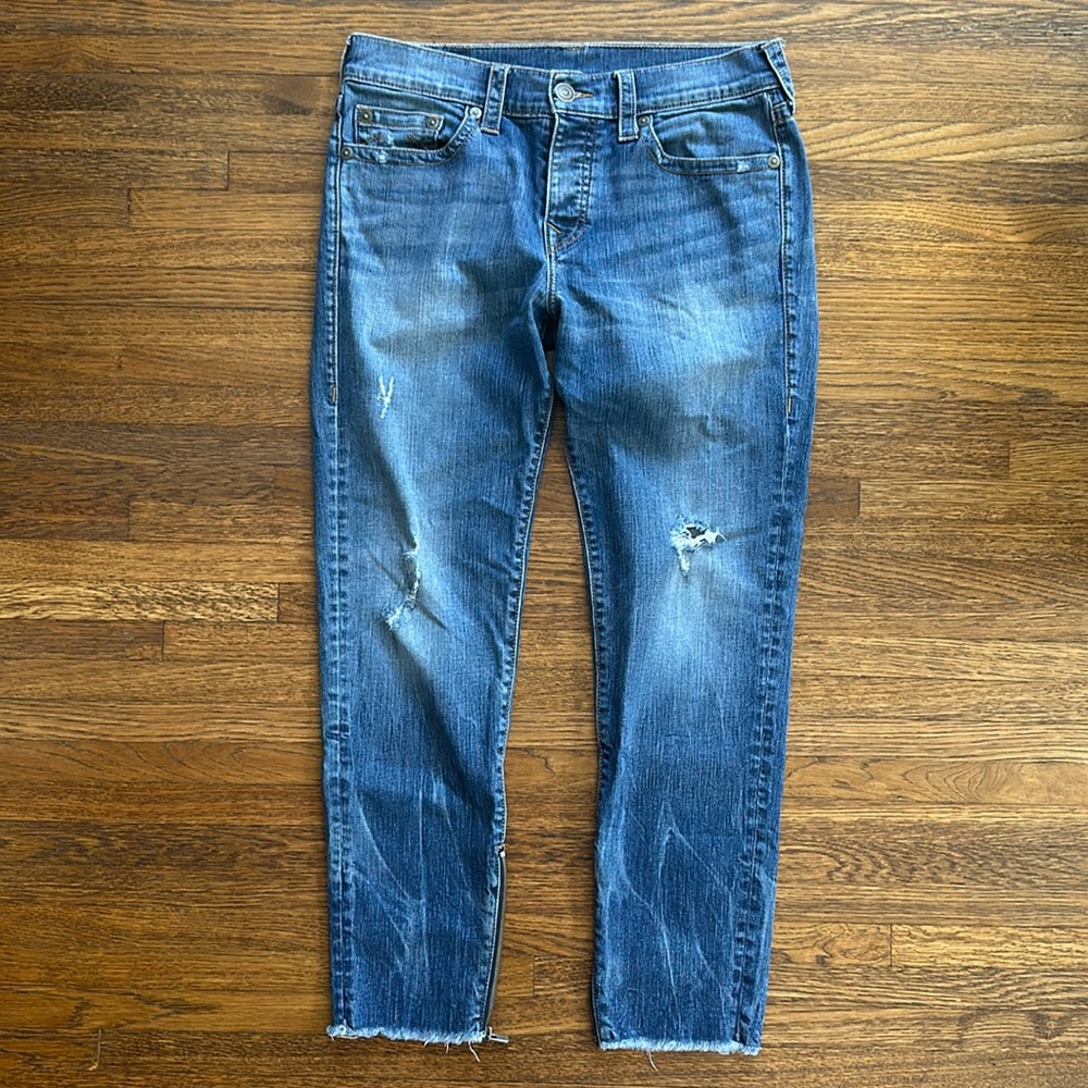 Men’s True Religion Blue Cotton Finn fit Slim Cropped Jeans with Zippers at hem